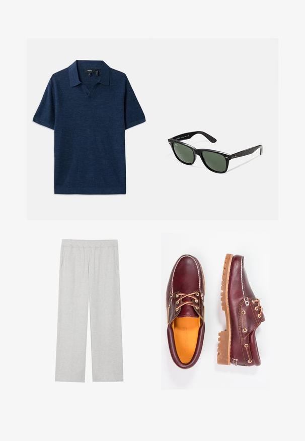 Tamsiai mėlynas polo marškinėliai su trumpomis rankovėmis, v-kaklu, tekstūruotu audiniu ir lygia apykakle. Yra subtilus raštas visame paviršiuje.; Šviesiai pilkos plačios kelnės, pagamintos iš minkštos medžiagos. Yra elastingas juosmuo ir šoninės kišenės. Glotni tekstūra su švariu dizainu.; Burgundi odiniai bateliai su rudais guminiais padais, apvaliu pirštu, balta siūle ir auksiniais inkarais. Interjere yra geltonas pamušalas.; Juodi plastikiniai saulės akiniai su žaliais objektyvais, kvadratiniais rėmeliais, sidabriniu akcentu ant antakio ir tekstūruotais šventyklų šakutėmis. Vidinėje šakutėje nurodyta prekės ženklo pavadinimas.