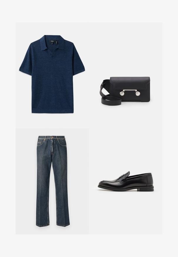 Laivaston sininen polo-paita, jossa on lyhyet hihat, v-pääntie, teksturoitu kangas ja litteä kaulus. Sisältää hienovaraisen kuosin läpi.; Tummansiniset suorat farkut, joissa on edessä nappi, vetoketju, tuplakoteloita ja näkyvät pystysaumat lahkeissa.; Mustat nahkakengät, joissa on sileä pinta, pyöreä kärki ja koristeellinen nauha jalkapöydän yli. Matala pinoitu koroke, minimalistinen muotoilu.; Mustan nahkainen olkalaukku, jossa on läppäkiinnitys, hopeanväriset yksityiskohdat ja kaksi pyöreää koristetta. Varustettu irrotettavalla hihnalla. Sileä pinta.