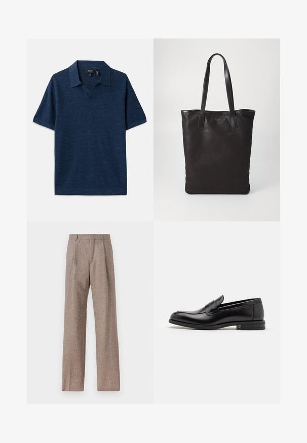 Marinblå polo med kort ärm, v-ringad, strukturerad tyg och platt krage. Har ett subtilt mönster genom hela plagget.; Bruna, högmidjade byxor i texturerat tyg. Har vida ben och två framvikningar för struktur. Välavslutad utan synlig hårdvara.; Svarta läderloafers med en slät yta, rund tå och ett dekorativt band över främre delen. Låg staplad klack, minimalistisk design.; Svart canvas toteväska med svarta läderhandtag. Enkel design, rymlig kropp och en slät textur. Inga synliga logotyper eller mönster.