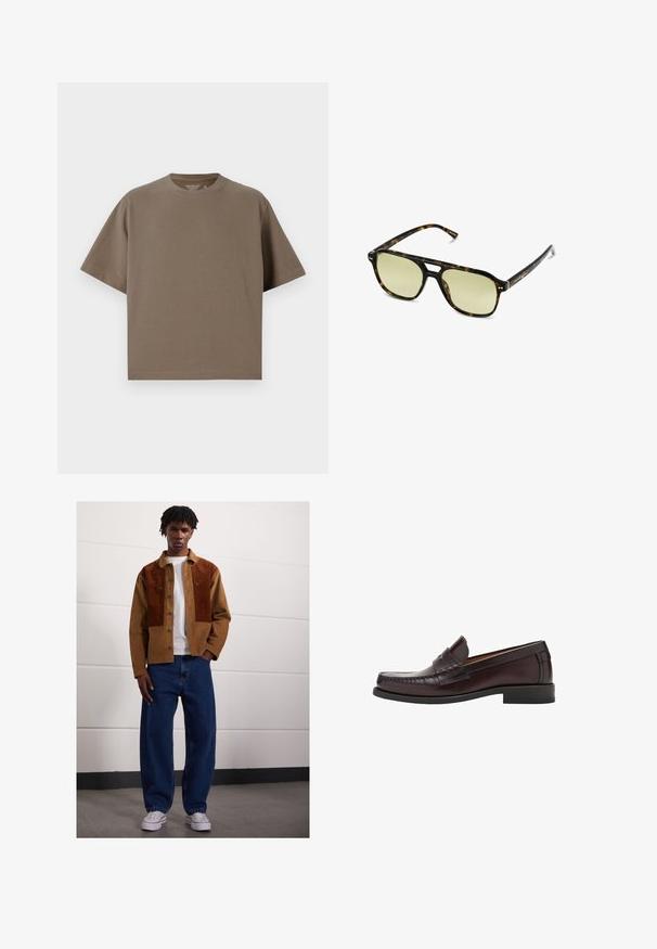 Hnědé tričko s krátkým rukávem vyrobené z měkké látky s kulatým výstřihem. Má volný střih a jednoduché detaily na lemu.; Muž stojící uvnitř, oblečený v hnědé kordové bundě se rezavými skvrnami, bílém tričku, volných modrých džínách a bílých teniskách.; Hnědé kožené mokasíny s kulatou špičkou, ozdobným šitím na přední straně a plochou gumovou podrážkou pro podporu a odolnost.; Brýle ve stylu želvoviny s obdélníkovým tvarem, zelenými skly a vzorovanými acetátovými rámy. Obsahují kovové akcenty poblíž skel.