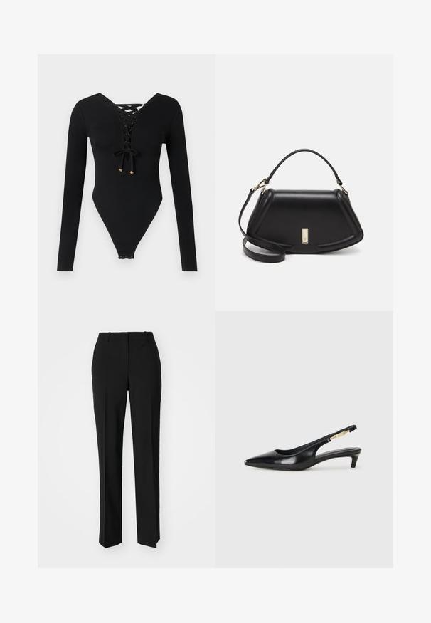 Elisabetta Franchi Long sleeved top - nero; Black tailored trousers with a straight-leg design, featuring a smooth texture and crisp creases along the front. No visible hardware.; Black leather slingback heels with a pointed toe, featuring a slim heel and a gold-tone accent on the adjustable strap. Smooth texture.; Black leather handbag with a structured design, featuring a cropped shape, top handle, and gold hardware accent. Adjustable shoulder strap included.