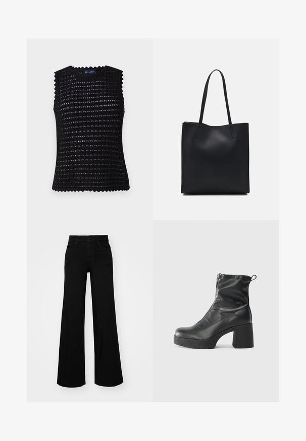 Melna bez piedurknēm topa ar tekstūru režģa rakstu, apaļu kakla izgriezumu un viļņotām malām. Izgatavots no viegla, elpojoša materiāla.; Melni plaša kāju bikses, izgatavotas no džinsa, ar strukturētu jostu, jostu cilpiņām un priekšējām kabatām. Gluda tekstūra ar klasisku dizainu.; Melni potītes zābaki, kas izgatavoti no gludas ādas, ar sānu rāvējslēdzēju, masīvu strukturētu papēdi un noapaļotu purngalu.; Melnas ādas somiņa ar gludu tekstūru, taisnstūra formu un divām garām rokturiem. Nav redzamu aparatūras vai rotājumu.