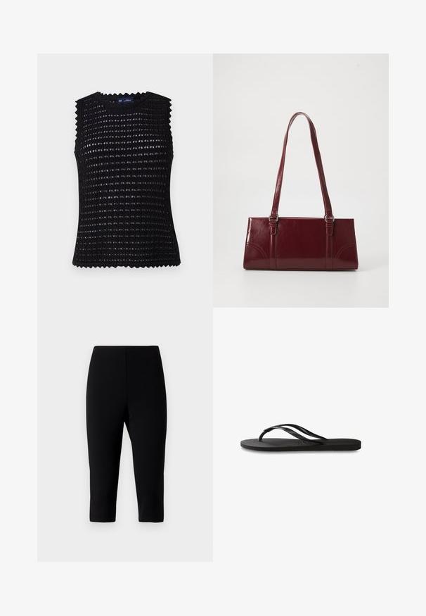 Must have mustrõnguse top ilma varrukateta, millel on tekstuuriga ruudumuster, ümmargune kaelus ja lainelised servad. Valmistatud kergest ja hingavast materjalist.; Mustad kapri püksid, mis on valmistatud venivast kangast, omavad vormitud disaini, mis lõpeb just alla põlve, sujuva tekstuuri ja nähtamatute õmblustega.; Mustad mustes suss, millel on tekstureeritud kummist põhi, kaks peenikest rihma ja tagasihoidlik, reljeefne logo detail rihmal.; Burgundia värvi käekott, mis on valmistatud läikivast materjalist, ristküliku kujuline, kahe õlapaelaga ning ees on peened kaarjad aktsendid.