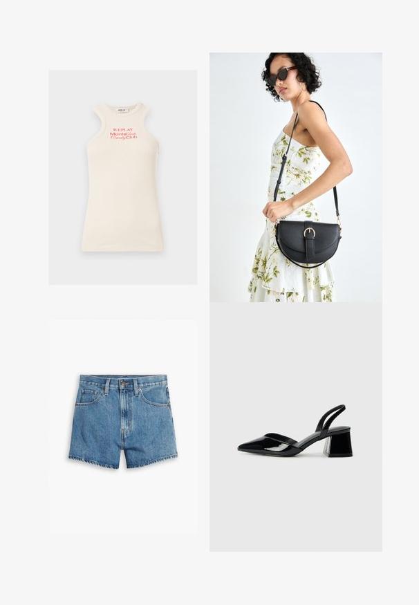 Ribbed, sleeveless top in light beige with red "REPLAY Monte Carlo Country Club" logo. Features a high neckline and unique shoulder design.; Denim shorts in light blue, featuring five pockets, a zip fly, and a button closure. The hem is frayed with a relaxed fit design.; Black patent leather slingback heels with a pointed toe and a geometric block heel. Features a sleek, minimal design and smooth texture.; Black leather handbag with a curved shape, detachable strap, and gold hardware. The bag features a flap with a buckle detail.