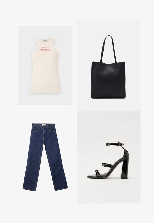 Ribbad, ärmlös topp i ljusbeige med röd "REPLAY Monte Carlo Country Club"-logotyp. Har en hög krage och en unik axeldesign.; Mörkblå raka jeans med framfickor, bälteshällor och knappstängning.; Svarta lackerade klacksandaler med fyrkantig tå, ankelremmar och silverfärgade spännen. Har en kraftig blockklack för stabilitet.; Svart lädertoffelväska med slät textur, rektangulär form och två långa handtag. Ingen synlig hårdvara eller dekorationer.