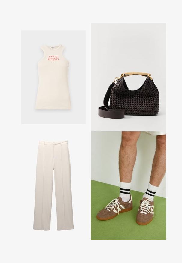 Ribbed, sleeveless top in light beige with red "REPLAY Monte Carlo Country Club" logo. Features a high neckline and unique shoulder design.; Wide-leg trousers in light beige fabric with a smooth texture. Features a fitted waistband, front pleats, and no visible pockets.; Brown suede sneakers with white accents and laces. Rubber gum sole. Worn with white socks featuring black stripes. Green textured flooring.; Elleme BOOMERANG WOVEN - Handbag - brown