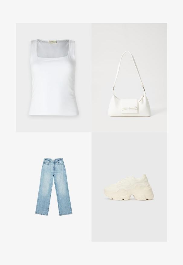 Weißes Tanktop mit quadratischem Ausschnitt, aus glattem Stoff gefertigt. Besitzt breite Träger und eine enganliegende Silhouette. Keine sichtbaren Muster oder Verzierungen.; Helle blaue Denim-Jeans mit weitem Bein und hoher Taille, im lässigen Look mit einem ausgewaschenen Finish und kleinen, verstreuten Used-Effekten.; Flockige weiße Sneaker aus strukturiertem Mesh und synthetischen Materialien, mit einer dicken Sohle und komplizierten Mustern entlang der Seiten.; Weiße synthetische Handtasche in dreieckiger Form, flache Vorderklappe und Schleifendetail, verstellbarer Trageriemen, glatte Textur und minimalistisches Design.