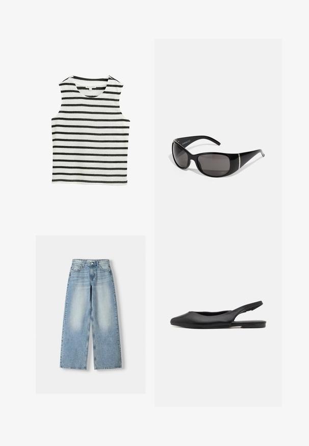 Ärmelloses Top in schwarz-weißem Streifenmuster, gefertigt aus weichem Stoff. Verfügt über einen runden Halsausschnitt und einen geraden Saum.; Helle blaue, weit geschnittene Jeans mit hoher Taille, mit einem verwaschenen Finish, fünf Taschen und geradem Schnitt.; Schwarzer Leder Slingback-Schuh mit spitzer Zehenform, flachem Absatz und geschwungenem Ausschnitt-Design. Glatte Textur und minimalistischer Stil.; Schwarze Sonnenbrille mit glänzendem Kunststoffrahmen, grauen verlaufenden Gläsern und silberfarbenen Akzenten an den Seiten. Schlankes, geschwungenes Design.; Schwarze synthetische Schultertasche mit geschwungenem Silhouette, strukturiertem Finish, goldenem Dreiecks-Logo und abnehmbaren Hardware-Akzenten.