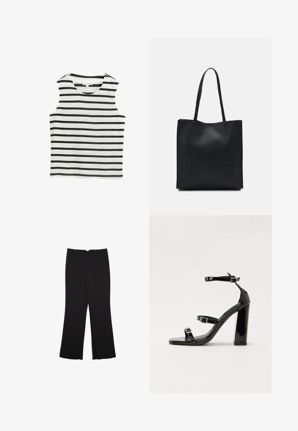 Rinnakkaankuomu mustavalkoisilla vaakaraitoja, valmistettu pehmeästä kankaasta. Omistaa pyöreän kaula-aukon ja suoran helman.; Mustat housut suoralinjaisella leikkauksella, joissa on etutaskut ja sivurei'ät helman alla. Valmistettu pehmeästä ja sileästä kankaasta. Sopii eri tilaisuuksiin.; Musta kiiltävä korkokenkä sandaalit neliönmuotoisella varpaalla, nilkkaremmillä ja hopeisilla soljilla. Varustettu tukevalla lohkokorkealla vakauden takaamiseksi.; Mustapahkainen kangaskassi, jossa on sileä pinta, suorakaiteen muotoinen ja kaksi pitkää kahvaa. Ei näkyvää metalliosaa tai koristeita.