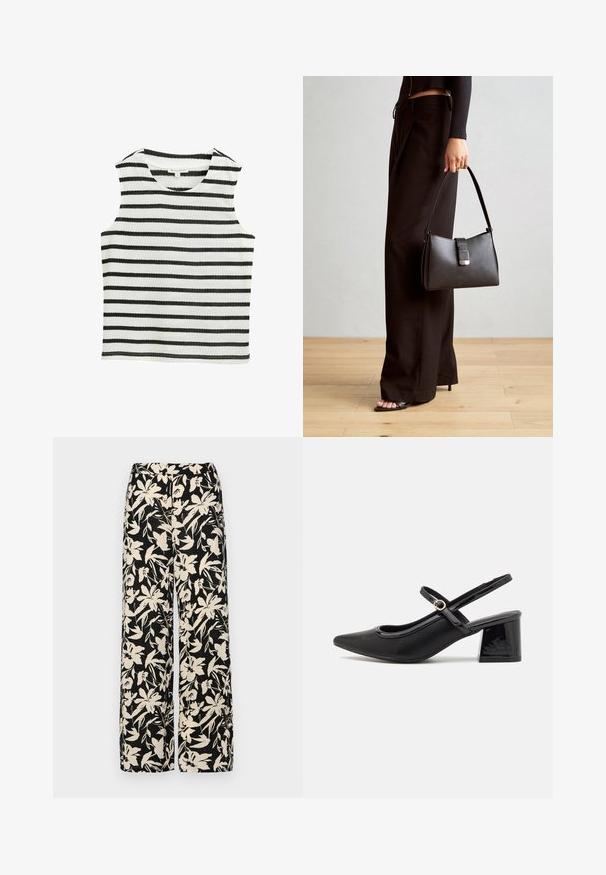 Ujjatlan fekete-fehér vízszintes csíkozású top, puha anyagból készült. Kerek nyakkivágással és egyenes szegéllyel rendelkezik.; Fekete, bő szárú nadrág krém színű virágmintával. Könnyű anyagból készült, sima tapintású és magas derékrésszel rendelkezik.; Fekete lakk bőr, pántos magassarkú cipő, hegyes orral, lekerekített kivágással és tömbsarkal. Arany színű csat díszíti.; Fekete kézi táska strukturált formával, sima textúrával és fémből készült záródással. Széles fekete nadrággal és nyitott orrú szandállal párosítva, fából készült padlón.