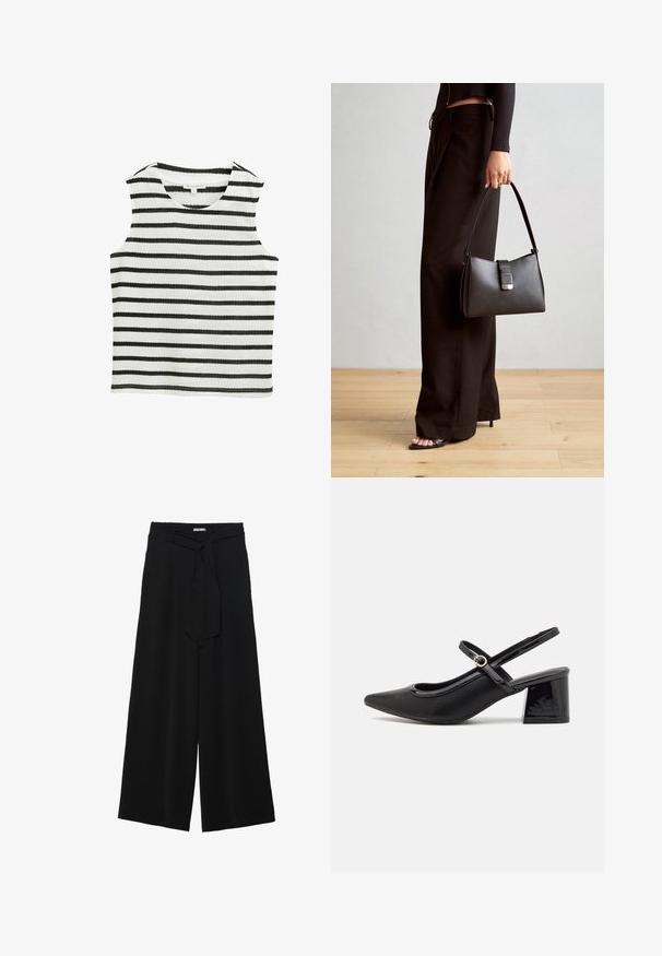 Top bez rukávov v čierno-bielych horizontálnych pruhoch, vyrobený z mäkkej tkaniny. Obsahuje okrúhly výstrih a rovný lem.; Čierne široké nohavice s textúrovanou tkaninou, elastickým pásom a odnímateľným viazaním na páse pre nastaviteľné priliehanie.; Čierne lakované kožené lodičky so slingback dizajnom, špicatou špičkou, zaobleným výrezom a blokovým podpätkom. Obsahuje akcent zlatého tónu s prackou.; Čierna kabelka so štruktúrovaným tvarom, hladkou textúrou a kovovou sponou. V kombinácii so širokými čiernymi nohavicami a sandálmi s otvorenou špičkou na drevenej podlahe.