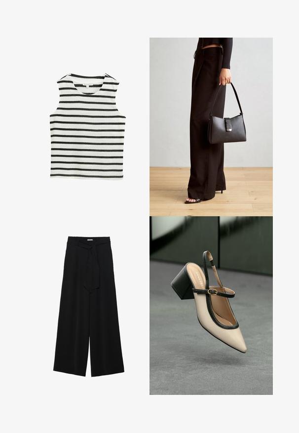 Mouwloos topje in zwart-witte horizontale strepen, gemaakt van zacht materiaal. Heeft een ronde halslijn en een rechte zoom.; Zwarte wijde broek van textuurstof, met een elastische tailleband en een afneembare sjaalstrik in de taille voor een verstelbare pasvorm.; Beige puntige slingback schoen met zwarte rand, gouden gesp en een chunky blokhak op een grijze vloer met een donker groene achtergrond.; Zwarte handtas met gestructureerde vorm, gladde textuur en een metalen sluiting. Gecombineerd met brede zwarte broeken en sandalen met open teen op een houten vloer.