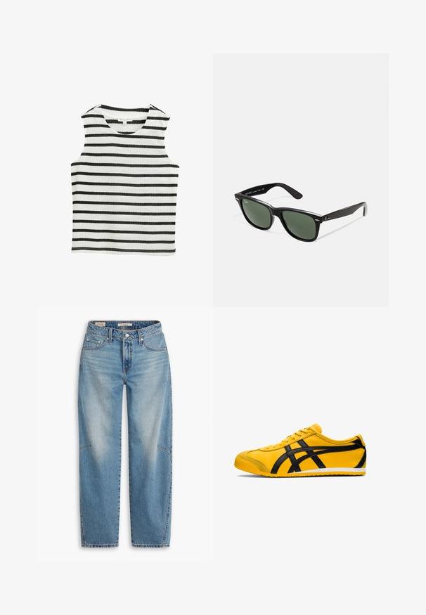 Ærmeløs top i sort og hvid vandret striber, lavet af blødt stof. Har en rund halsudskæring og en lige kant.; Lyseblå denimjeans med løs pasform, lige ben, knapgylp og fem-lomme-stil med subtile falme- og syningsdetaljer.; Gul atletisk sko med sorte accenter, glat lædertekstur, buet design, rund tå, flad hvid sål og fremtrædende branding på siden.; Sorte plastiksolkaber med grønne linser, firkantede stel, sølvaccent på brynene og teksturerede templede arme. Angivet mærke på den indre arm.