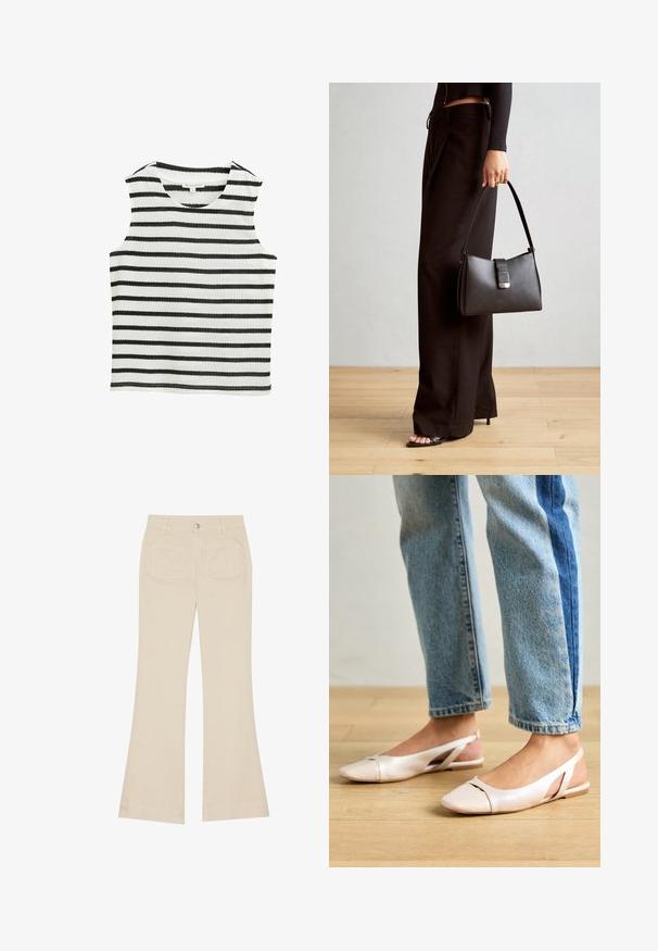 Melnā un baltā horizontālo svītru bez piedurknēm, izgatavots no mīksta auduma. Tam ir apaļa kakla izgriezuma forma un taisna apakšmala.; Bēšas platākā stila bikses ar augstu jostasvietu, izgatavotas no kokvilnas auduma. Iekļautas priekšējās un aizmugurējās kabatas, jostas cilpas un viena sudraba pogas.; Bālti rozā siksniņu dzīvokļi ar smailu purngalu, izgatavoti no gludas ādas līdzīgās materiāla. Iezīmē izgriezumu detaļas sānos un platu papēdi.; Melnā somiņa ar strukturētu formu, gludu tekstūru un metālu sprādzi. Saskaņota ar platām melnām biksēm un sandālēm ar atvērtu purngalu uz koka grīdas.