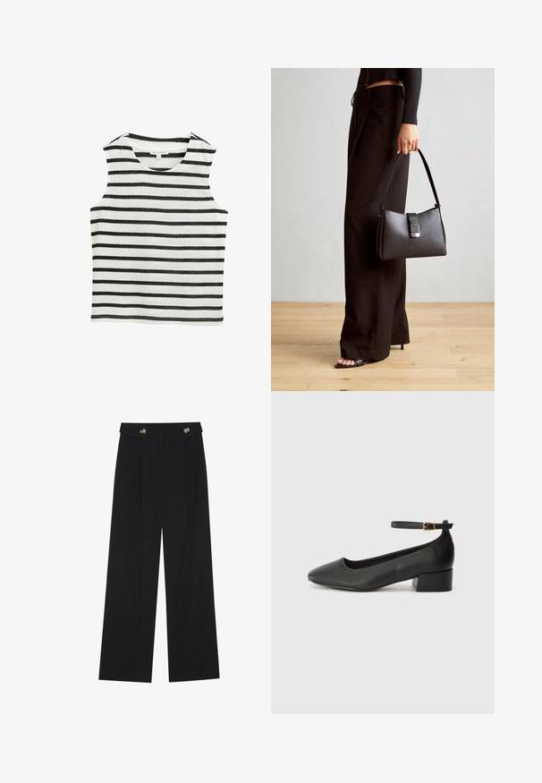 Bezrukávý top v černobílých horizontálních pruzích, vyrobený z měkké tkaniny. Má kulatý výstřih a rovný lem.; Černé široké kalhoty s vysokým pasem, detailní knoflíky na pase a přední záhyby.; Černé kožené lodičky s špičatou špičkou a nízkým blokovým podpatkem. Obsahují pásek kolem kotníku se zlatou sponou. Hladký povrch.; Černá kabelka se strukturovaným tvarem, hladkým povrchem a kovovým uzávěrem. Kombinována s širokými černými kalhotami a sandály s otevřenou špičkou na dřevěné podlaze.