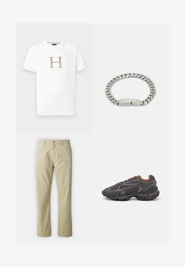 White cotton t-shirt with short sleeves. Features a large gold letter "H" and the brand name "Hackett" below in a subtle font. Soft texture.; Beige cotton trousers with a straight-leg design, front button closure, and belt loops. Smooth texture, no visible patterns or accents.; Lacoste sneakers in dark gray with mesh and synthetic material, featuring a textured sole and brown accents on the collar and branding.; Calvin Klein ELECTRIC - Bracelet - silver-coloured