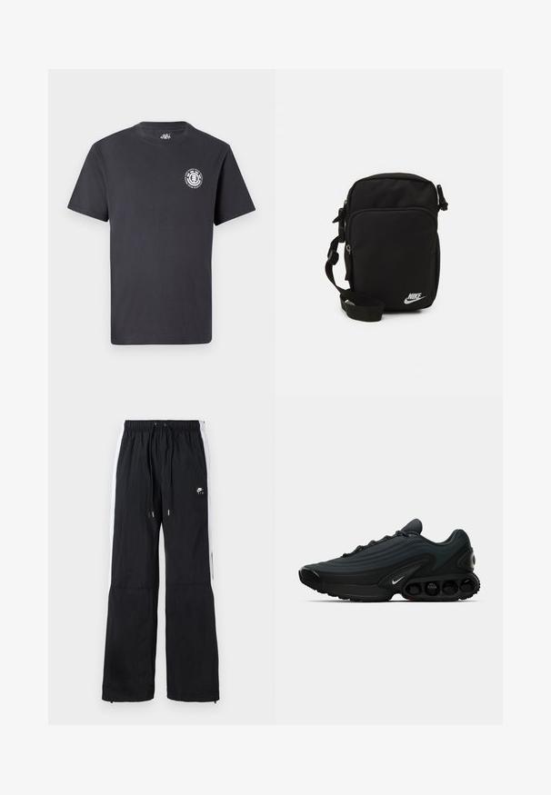 Zwarte katoenen T-shirt met korte mouwen, ronde halslijn en een klein grafisch logo op de linkerkant van de borst. Glad textuur, casual ontwerp.; Zwarte sportbroek met elastische tailleband, witte zijstrepen, ritsen aan de pijpen en een rubberen logo detail aan de voorkant.; Zwarte sportschoen met een bovenwerk van textuurstof, gebogen ontwerp, prominente tussenzool en zichtbare dempingselementen. Bevat een wit logo detail.; Zwarte nylon schoudertas met een verstelbare strap, ritscompartimenten en een wit Nike-logo aan de voorkant. Soepele textuur, rechthoekige vorm.
