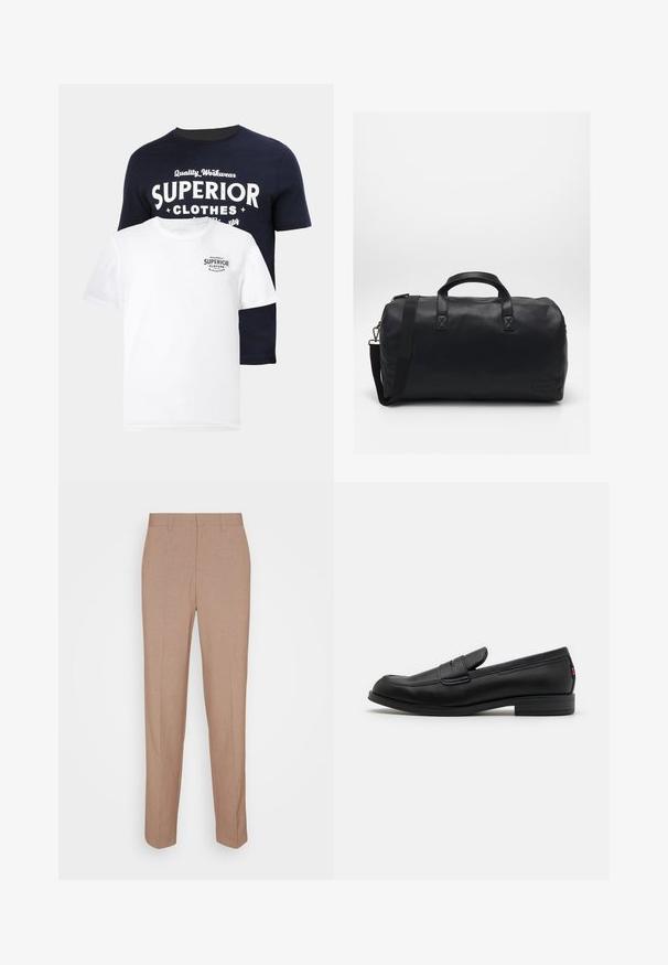Zwei T-Shirts: eines in Marineblau mit weißem grafischem Text "SUPERIOR CLOTHES" und eines in Weiß mit einem kleineren Navy-Logo. Beide sind aus Baumwolle und im Crewneck-Stil.; Beige, maßgeschneiderte Hose aus glattem, strukturiertem Stoff. Gerade Passform mit Bund, ohne sichtbare Verzierungen oder Taschen.; Schwarze Lederloafer mit glatter Oberfläche, abgerundetem Zehenbereich und einem kleinen dekorativen Riegel. Ausgestattet mit einem niedrigen, gestapelten Absatz und einem dezenten Markenlogo.; Schwarze Duffel-Tasche aus strukturiertem Kunstmaterial. Verfügt über zwei Griffe und einen verstellbaren Schultergurt. Einfaches Design ohne sichtbare Muster.