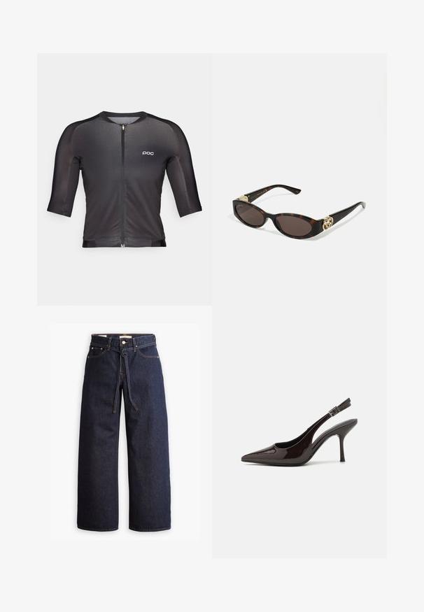 Črna kolesarska majica s tremi četrtinami rokavov, zadrgo spredaj in minimalnim brandingom. Narejena iz gladkega, raztegljivega materiala z oprijetim krojem.; Široke temno modre kavbojke z visokim pasom, ki imajo vrvico za zavezovanje, pet žepov in kontrastne šive.; Slingback visoke pete v sijajni temno rjavi lak koži, koničastim nosom, odprtimi stranmi in nastavljivim gležnjenčkim trakom.; Kornjačaste sunčane naočale s izduženim ovalnim lećama, smeškim tonovima, zlatnim logotipom na drškama i elegantnim crnim rukohvatima.; Rjava ročno izdelana torbica z vzorcem, z teksturirano tkanino, rjavim usnjenim trakom in zlatim logotipom na bež ozadju. Kura oblika, strukturirana.