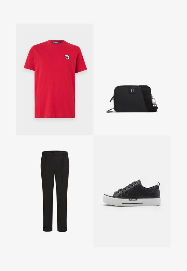 Röd bomulls-T-shirt med rund halsringning, med en liten svart och vit tecknad ansiktslogotyp på vänster bröst. Korta ärmar, vanlig passform.; Svarta byxor med elastisk midja, med en rak bendesign och uppvikta fållar. Tillverkade av glatta, vävda tyger utan mönster.; Svart låg sneaker med mönstrad kanvasöverdel, vit gummikappa, texturerad sula och logotypdetalj på sidan. Metallöglor för snörning.; Svart rektangulär väska gjord av texturerat material, med dragkedjestängning, justerbar rem och en logotyp på framsidan.