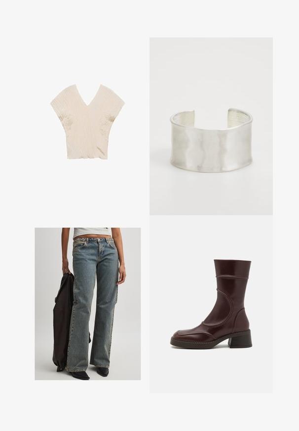 Top beige recortado con escote en V, mangas cortas y anchas, y una superficie texturizada que presenta suaves pliegues a lo largo de la tela.; Vaqueros de denim azul claro con un corte relajado, que presentan una cintura de altura media, costuras visibles y un diseño clásico de cinco bolsillos. También hay calzado negro y una chaqueta oscura.; MIISTA MALENE - Botines - brown; Zign Pulsera - silver-coloured
