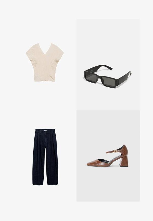 Bež cropped top z V-izrezom, kratkimi širokimi rokavi in teksturirano površino, ki vključuje subtilne naborke po celotnem materialu.; Temne traper hlače širokega kroja z naborki na pasu, z sprednjim gumbom in zankami za pas. Gladka tekstura in dolga zasnova.; Rjavi lakirani čevlji na visoki peti z kvadratnim toejem, teksturiranim krokodilnim vzorcem, trakcem okoli gležnja z zlatim zaponko in debelim petom.; Črne sončne očala z pravokotnimi lečami, mat plastični okvir in ravne robove. Izdelki imajo logotip blagovne znamke na notranji strani ročaja.; Bežna usnjena torbica edinstvene oblike, z dvema kratkima ročajema in dolgim nastavljivim trakom. Gladka tekstura z minimalno kovinsko opremo.