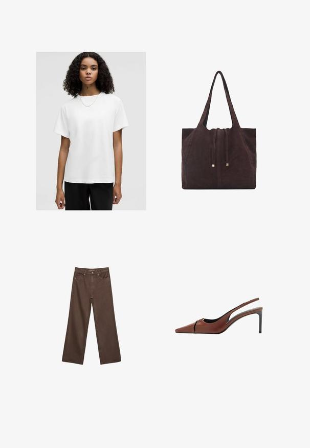 T-shirt bianco in cotone con vestibilità comoda, maniche corte e collo rotondo. Texture liscia, senza motivi, indossato con una semplice collana a catena.; Jeans a gamba larga marroni in denim, con vita alta, tasche anteriori e chiusura a bottone classica. Tessuto liscio con cuciture sottili.; Scarpa con tacco slingback in pelle marrone con punta appuntita, dettaglio a taglio sulla tomaia e un elegante tacco a stiletto. Texture liscia.; Mango Shopping bag - dark brown