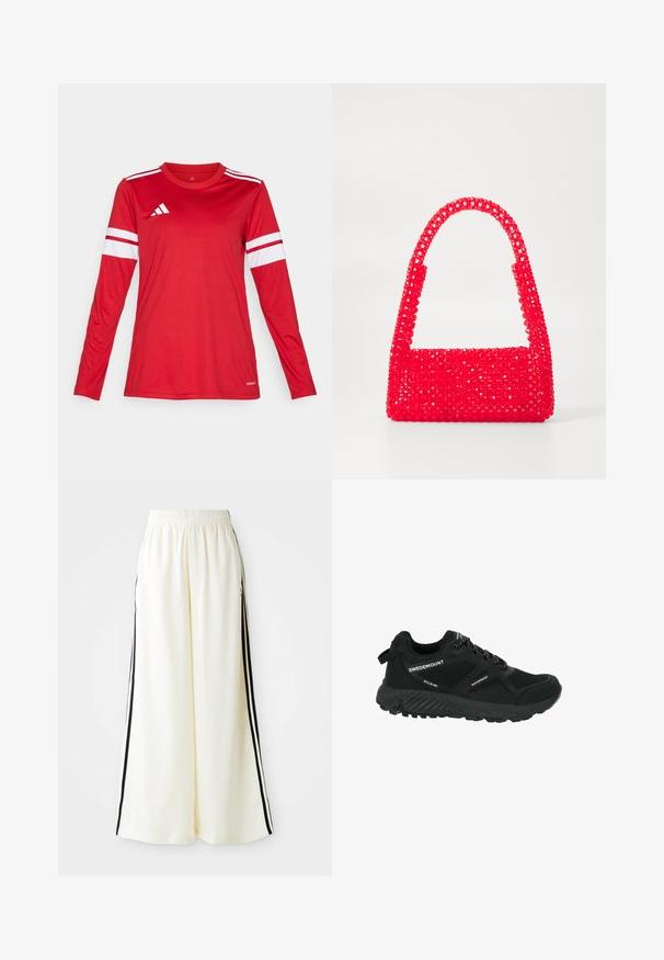 Rotes langärmliges Sportshirt aus glattem Stoff mit weißen Streifen an den Ärmeln und einem Logo auf der Brust. Rundhalsausschnitt.; Weiße weite Hosen mit elastischem Bund und schwarzen vertikalen Streifen an den äußeren Nähten.; Schwarzer wasserdichter Wanderschuh mit Netzpaneelen, strukturiertem Sohlenprofil, runder Zehenpartie und reflektierenden Schnürsenkeln. Verfügt über ein Logo und eine Zuglasche an der Ferse.; Rote Handtasche aus Perlenkunststoff, mit einem quadratischen Boden und einem gebogenen Griff. Die Oberfläche hat ein strukturiertes, glattes Finish mit einem Muster aus Perlen.