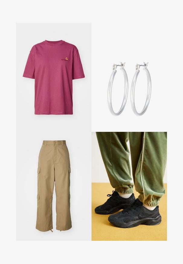 Carhartt WIP AMERICAN SCRIPT - Jednoduché tričko - dusty fuchsia; Béžové cargo kalhoty s vysokým pasem, širokými nohavicemi a čtyřmi velkými bočními kapsami. Vyrobené z odolné tkaniny s hladkým povrchem a minimálními detaily.; Černé sportovní tenisky s síťovinou a syntetickými překryvy, s texturovanou podrážkou, spárované se zelenými tepláky s elastickými manžetami, na žlutém povrchu.; Stříbrné kruhové náušnice s hladkým, lesklým povrchem. Kulatý tvar a bezpečné zapínání na klip. Lehký design vhodný pro každodenní nošení.