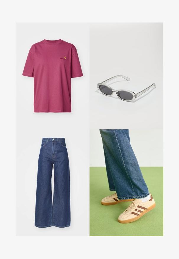 Carhartt WIP AMERICAN SCRIPT - Lihtne T-särk - dusty fuchsia; Laiad püksteotsad tumedast sinisest denimist. Kõrge vöökoht, lukuga ja nööpidega kinnitamine. Omab klassikalist viit taskut ja ääriseid.; Beežid spordijalatsid tekstuursete kreemjatest paneelidest ja pruunidest triipudest, koos siniste denim pükstega. Püksid on avara säärega ja narmendava äärega.; Ovaalsed prillid, millel on selge plastraam, tumehallid läätsed ja õhukesed läbipaistvad sangad, kus on logode aktsendid ja minimaalne detailirohkus.