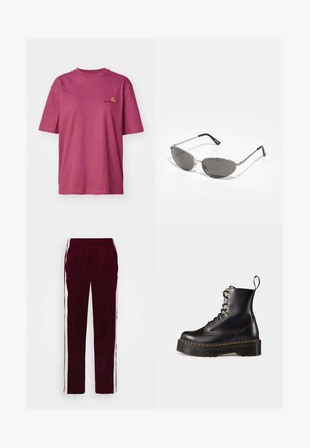 Carhartt WIP AMERICAN SCRIPT - T-shirt basique - dusty fuchsia; Pantalons de sport bordeaux avec taille à cordon, rayures blanches sur les côtés et coupe slim. Fabriqués dans un tissu lisse et léger.; Bottes chelsea en cuir noir avec lacets, à semelle épaisse noire et couture jaune. Comprend une anse à l'arrière et des œillets en métal circulaires.; Lunettes de soleil avec une monture en métal argenté élégant, des verres teintés gris et un design aérodynamique avec des bords pointus et des branches fines.