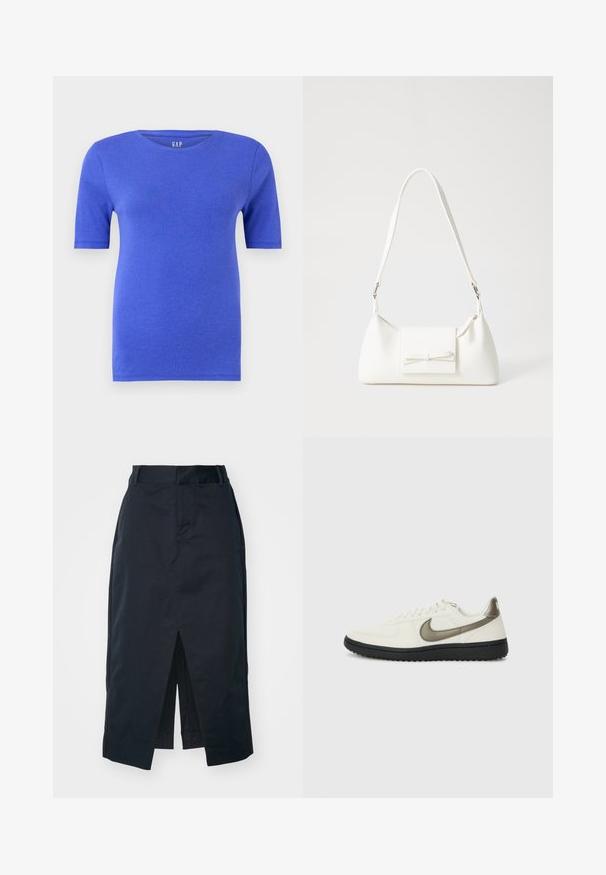 Kék, rövid ujjú póló, puha pamutból készült, klasszikus kerek nyakkivágással, finom textúrával és a márka logójával a galléron.; Sötét tengerészkék midi szoknya pamut keverék anyagból, elülső hasítékkal, elrejtett cipzárral és oldalsó zsebekkel a funkcionalitás érdekében.; Nike Sportswear FIELD GENERAL - Sportcipő - off-white/black; Fehér szintetikus kézitáska, háromszög alakú, lapos előlap, masni részlettel, állítható pánttal, sima textúrával és minimalista dizájnnal.