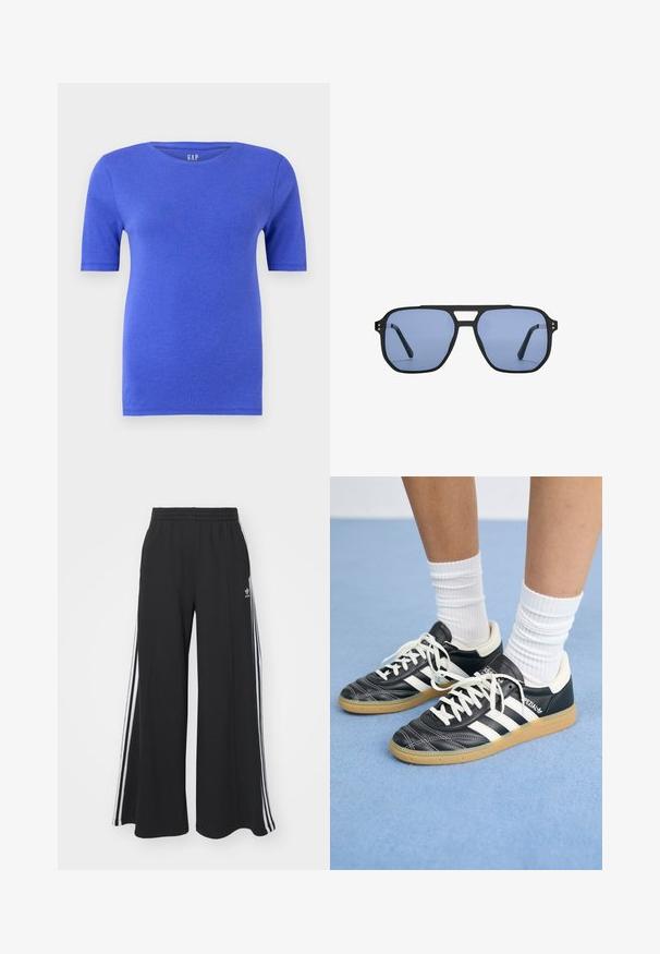 Blaues T-Shirt mit kurzen Ärmeln aus weichem Baumwollmaterial, mit einem klassischen Rundhalsausschnitt, der eine dezente Struktur und das Markenlogo am Kragen aufweist.; Schwarze weite Sweatpants mit elastischem Bund, versehen mit weißen Seitestreifen und einem gestickten Logo auf dem linken Oberschenkel.; Schwarze Ledersneaker mit weißen Streifen, runder Zehenpartie, weißen Schnürsenkeln und Gummisohle. Abgerundet durch gepolsterten Kragen und Branding-Details.; Stradivarius RETRO - Sonnenbrille - light blue