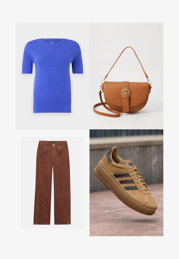 Blå kortermet t-skjorte laget av myk bomull med klassisk rund halslinning, med en subtil tekstur og merkevaren sitt logo på kragen.; Brune kordfløyels vide bukser med en teksturert finish, som har fem lommer, knappelukking og et klassisk midjebånddesign.; Tan ruskinn sneakers med en glatt tekstur, med tre mørke striper, en rund tå, og en tykkere såle med et mønstrete kant.; Brun lærcrossbody-veske med en buet form, gullhardware og et spenneakcent. Har en avtakbar skulderreim.