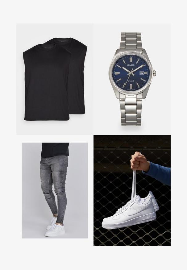 Black sleeveless t-shirts displayed in pairs, made of smooth fabric. Rounded neckline and clean edges with no visible patterns or hardware.; Skinny jeans in faded gray denim, featuring distressed details at the knees, paired with white sneakers. Smooth texture, slim fit design.; White leather sneakers with perforations, round toe, flat sole, and thick laces, featuring a visible swoosh logo and "AIR" on the heel.; Silver stainless steel wristwatch with a navy blue dial, metallic hour markers, and a date window at 3 o'clock. Water-resistant to 50 meters.