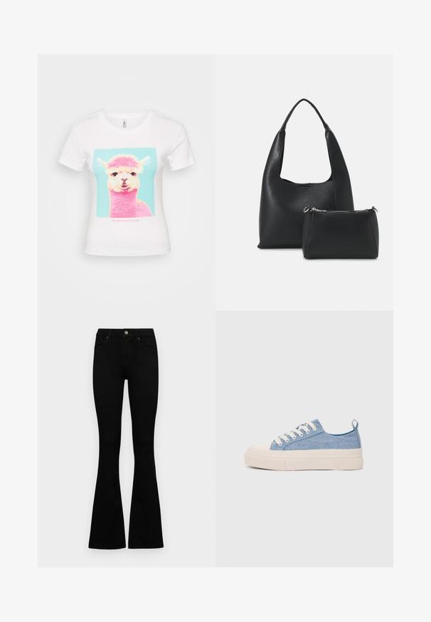 T-shirt de algodão branco com uma estampa gráfica colorida de uma lhama rosa sobre um fundo azul claro, com texto em rosa na parte inferior.; Jeans pretos de cintura alta com fecho de botão e zíper, bolsos frontais e pernas largas dispostos em cima de um fundo branco.; Ténis de lona azul claro com uma biqueira e sola de borracha creme, apresentando atacadores brancos e uma alça na parte de trás.; Even&Odd Mala de mão - black