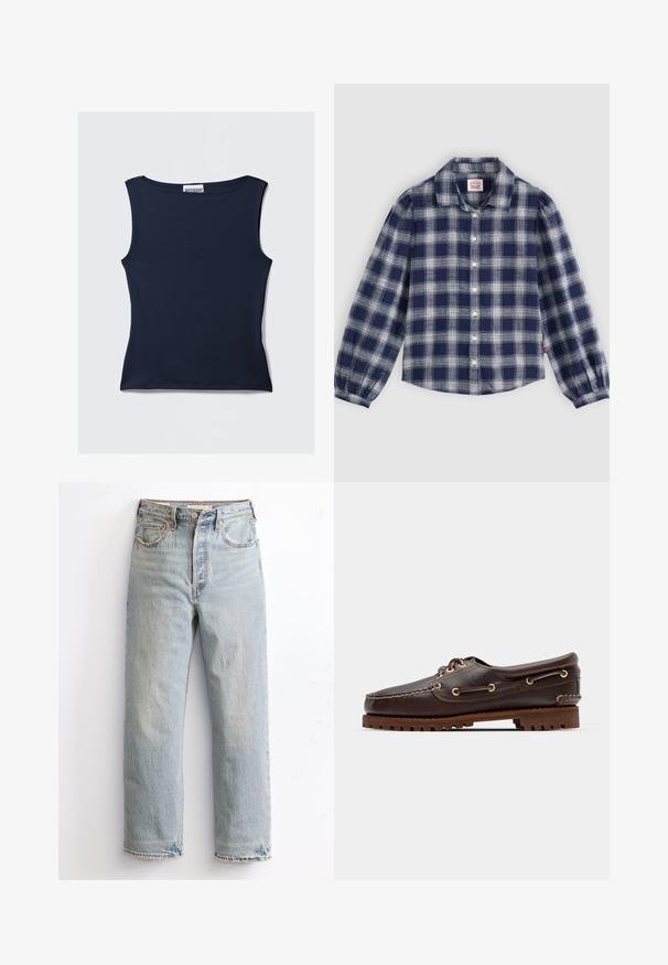 Navyblauwe mouwloze top gemaakt van gladde, rekbare stof. Heeft een ronde halslijn en een aansluitende silhouet met een schone zoom.; Marineblauw en witte geruite langekorte shirt met een knoopsluiting aan de voorkant, klassieke kraag en gathered manchetten. Gemaakt van lichtgewicht stof.; Lichtblauwe denim jeans met een rechte pijpontwerp, uitgerust met een verouderde zoom, koperen klinknagels en een klassieke vijf-pocketstijl.; Bruine leren bootsschoen met gouden oogjes, ronde veters en een gestructureerde bruine rubberen zool. Kenmerkt zich door gestikte details en een verhoogd logo.