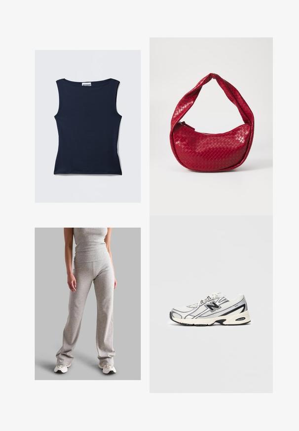 Sötétkék ujj nélküli felső, sima, ruganyos anyagból. Kerek nyakkivágással és testhez simuló fazonnal rendelkezik, tiszta szegéllyel.; Szürke bordázott ujjatlan felső és azonos anyagból készült nadrág, rugalmas anyagból. A nadrág bővülő fazonú, és világos sportcipővel van párosítva.; Fehér és szürke sportcipő fekete "N" logóval, hálós felsőrész, párnázott talp és fűzős kialakítás, világos szürke háttér előtt.; Piros, szövéssel készült bőr kézitáska ívelt, párnázott fogantyúval, cipzáras záródással és texturált felülettel, amelyen ragyogó fényesség található.