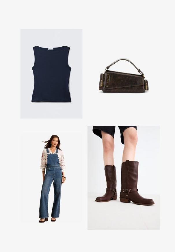 Top senza maniche di colore blu navy realizzato in un tessuto liscio ed elasticizzato. Presenta un collo rotondo e una siluette aderente con un orlo pulito.; Salopette in denim con un design scallopato sul bavaglino, gambe svasate e tasche laterali. Abbinata a una blusa bianca ricamata e accessori in legno.; Stivali marroni in pelle al ginocchio con punta rotonda, superficie testurizzata, cinturino alla caviglia e dettagli in metallo argentato; tacco impilato.; Borsa a mano in pelle marrone con un design geometrico, caratterizzata da un manico superiore e dettagli in ottone sulla cerniera. Logo stampato a caldo sul lato.