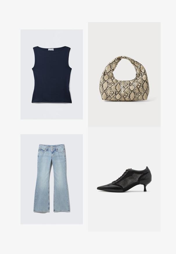 Tumed sinine ilma varrukateta topp, mis on valmistatud sileda ja veniva kanga. Omab ümmargust kaelust ja keha ligiulatuvat siluetti, millel on puhas äär.; Weekday NOVA - Liibuvad teksad - lip blue; Mustad mustakottidega jalanõud, millel on võrkpaneeli disain, madala kanna ja nööpidega esiküljel. Valmistatud nahast ja võrkkangast.; Musta käärmeprindiga kott kõveraga käepidemega. Valmistatud tekstiilsetest, beežidest ja pruunidest materjalidest, millel on iseloomulik rombikujuline muster.