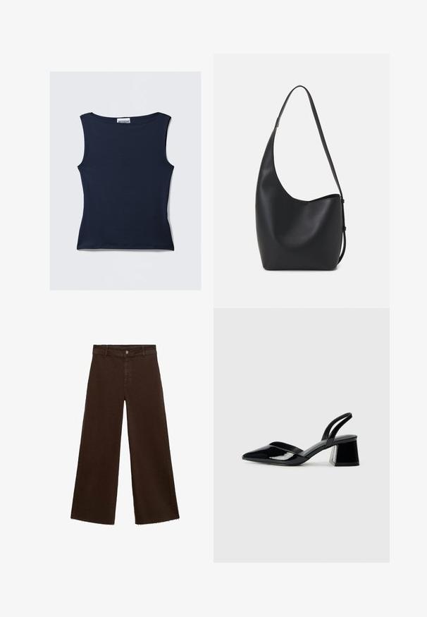 Navyblaue ärmellose Bluse aus glattem, dehnbarem Stoff. Sie hat einen runden Halsausschnitt und eine eng anliegende Silhouette mit einem sauberen Saum.; Braune, weit geschnittene Hosen aus Baumwollmischung mit fransigem Saum, vorderem Knopfverschluss und klassischem Fünf-Taschen-Design. Minimalistisch und vielseitig.; Schwarze Lackleder-Slingback-High Heels mit spitzem Schuh und einem geometrischen Blockabsatz. Verfügt über ein schlankes, minimalistisches Design und eine glatte Textur.; Schwarze Leder-Hobo-Tasche mit einer glatten Textur, geschwungener Form und einem einzelnen verstellbaren Tragegurt; verfügt über eine weite Öffnung am oberen Ende.