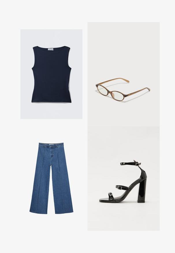 Tmavě modrý bezrukávový top vyrobený z hladké, elastické tkaniny. Má kulatý výstřih a přiléhavý siluetu s čistým lemem.; Džíny s širokými nohavicemi v středně modré barvě, se zvýšeným pasem, knoflíkovým zapínáním a kontrastními vertikálními švy vpředu.; Černé lakované sandály na podpatku se čtveratou špičkou, lýtkovými pásky a stříbrnými přezkami. Disponují masivním blokovým podpatkem pro stabilitu.; Hnědé želvovinové brýle s oválnými skly, tenkými bočními nohami a průhlednými akcenty. Obsahují decentní logo na stranu. Elegantní, lehký design.