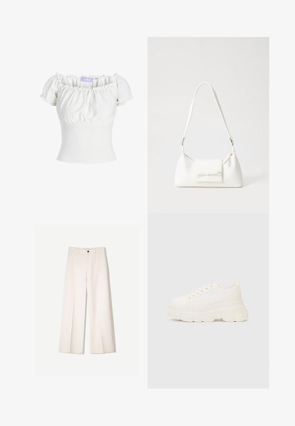 Bela bluzica brez naramnic s kratkimi naborki, z teksturiranim materialom in vzorci na očesa ter prilegajočim zgornjim delom. Vidna oznaka blagovne znamke.; Kremne široke hlače s krojem, ki vključujejo dve sprednji žepi in en sprednji gumb za zapiranje, izdelane iz gladkega blaga.; Bela platnena teniska z debelim podplatom, okroglo konico in petimi luknjicami za vezalke. Zadaj je dodana zanka za enostavno obuvanje. Gladka tekstura, minimalistična zasnova.; Bela sintetična torbica v obliki trikotnika, z ravnim sprednjim poklopcem in detajlom mašne, nastavljivim trakom, gladko teksturo in minimalističnim dizajnom.