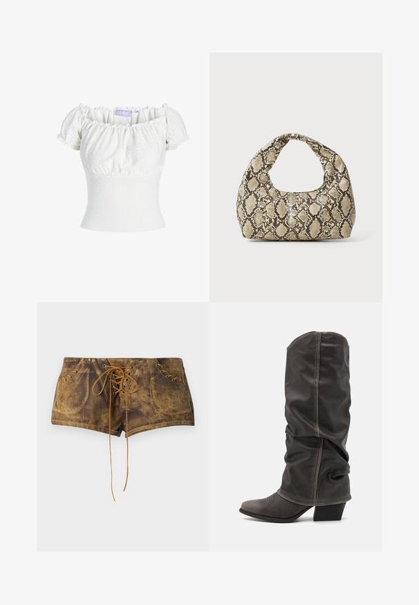 Bijela majica s jednom naramenicom i kratkim napuhanih rukavima, od teksturirane tkanine s izvezenim uzorcima. Fitted kroj. Vidljiva oznaka branda.; Smeđe kratke hlače s vezanjem i teksturiranom površinom uz kontrastne svijetlosmeđe vezice. Imaju rupice za vezivanje i prilagođeni dizajn za uski izgled.; Sive kožne čizme do potkoljenice sa opuštenim dizajnom, šiljastim vrhom i složenim potplatom. Primjetna šavova na području vrha.; Torba s uzorkom zmije s zakrivljenom drškom. Izrađena od teksturiranih materijala u bež i smešnim tonovima, sa karakterističnim dijamantnim uzorkom.