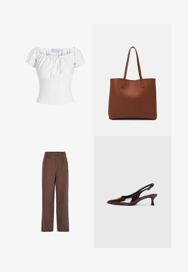 Valge õlgadelt avatud topp lühikeste puffvarrukatega, millel on tekstuuriga kangas aukudega mustriga ja istuv rinnaosa. Brändi silt on nähtav.; Pruunid kootud laiad püksid kõrge vöökohtadega, ees voldid ja nupuga detail. Sile tekstuur koos soe disainiga.; Pruun patentnahast slingback tossud terava nina ja mõõduka kandega. Omab pandla rihma kindla istuvuse tagamiseks. Sile tekstuur.; Pruun nahast tote-kott, millel on sile tekstuur, avatud ülaosa disain ja kaks õlarihma. Omab minimaalset õmblust ja nähtavat riistvara ei ole.