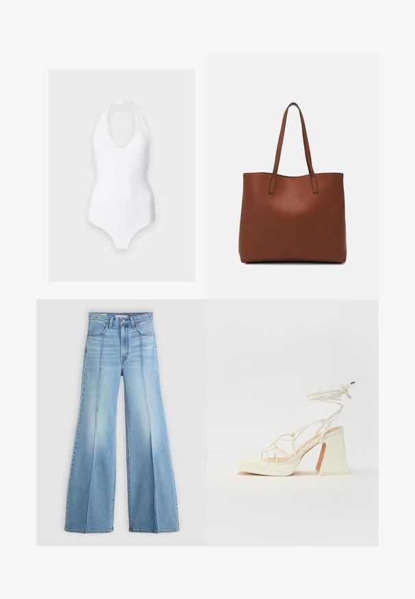 Costume intero bianco con scollo a V profondo e texture liscia, progettato per una silhouette aderente.; Jeans azzurri a vita alta con gambe larghe, tasche anteriori e posteriori, passanti per cintura e dettagli delle cuciture verticali sul davanti.; Sandalo bianco con tacco alto, caratterizzato da un design a cinturini e un legaccio alla caviglia. Texture liscia con una piattaforma frontale per un'altezza aggiuntiva.; Borsa tote in pelle marrone con texture liscia, design con apertura superiore e due spallacci. Presenta cuciture minime e nessun hardware visibile.