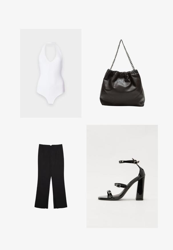 Weißer Badeanzug mit Neckholder und tiefem V-Ausschnitt, gefertigt aus einem glatten Material, das für eine figurbetonte Silhouette sorgt.; Schwarze Hose mit geradem Schnitt, ausgestattet mit Fronttaschen und Seitenschlitzen am Saum. Hergestellt aus weichem, glattem Stoff. Geeignet für verschiedene Anlässe.; Schwarze patentierte Sandalen mit Absatz, quadratischer Spitze, Knöchelriemen und silbernen Schnallen. Mit einem stabilen Blockabsatz für mehr Stabilität.; Braune Lederhandtasche mit gerafftem Oberteil und Kettenriemen. Glatte Textur mit glänzendem Finish und subtilen Nahtdetails an den Seiten.