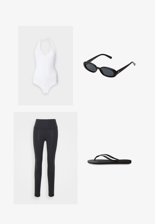 Valkoinen kaula-aukollinen yksiöinen uimapuku syvällä V-kaula-aukolla ja sileällä pinnalla, suunniteltu korostamaan vartalon muotoja.; Mustat legginsit, jotka on valmistettu joustavasta kankaasta, korkealla vyötäröllä, vartalonmyötäisellä muotoilulla ja saumatonta rakennetta, sopivat aktiiviseen pukeutumiseen.; Mustat flip-flopit, joissa on röpelöinen kumipohja, kaksi hoikkaa remmiä ja hillitty, kohokuvioitu logotyyli remmissä.; Mustat ylisuuruiset aurinkolasit, jotka ovat soikeat linssit, sileä muovikehys ja kultaiset korostukset temppeleissä. Tummat linssit tarjoavat suojaa auringolta.