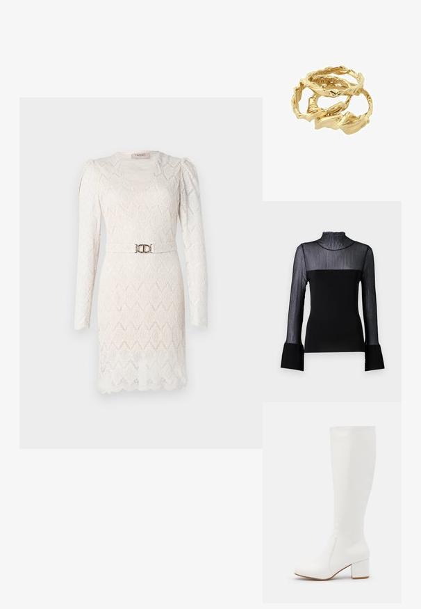 Malina MILLIE - Maglietta a manica lunga - black; Abito in pizzo color avorio con maniche lunghe, scollatura a V e texture a motivo. Presenta una cintura tono argento in vita per dare risalto.; Stivali bianchi alti fino al ginocchio con una finitura liscia e lucida. Tacco a blocco quadrato e dettaglio di cucitura sottile lungo il lato.; Anelli intrecciati in oro tono, sovrapposti insieme, caratterizzati da un design testurizzato con bordi lisci e curvi, creando un aspetto organico e fluido.
