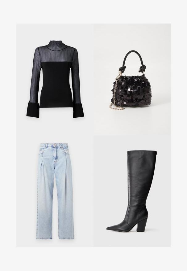 Malina MILLIE - Hosszú ujjú felső - black; Világoskék farmernadrág magas derekú, bő szabású, két oldalsó zsebbel és pliszírozott dizájnnal. Puha tapintású, elhalványított felület.; Fekete, térd fölé érő bőr boka csizma hegyes orral és vastag, magas sarokkal, bal oldalról profilból bemutatva fehér háttér előtt.; Fekete flitteres mini kézitáska csomózott textúrájú pánttal és ezüst lánccal. Lekerekített forma, ráncolt tetejével és fényvisszaverő részletekkel.